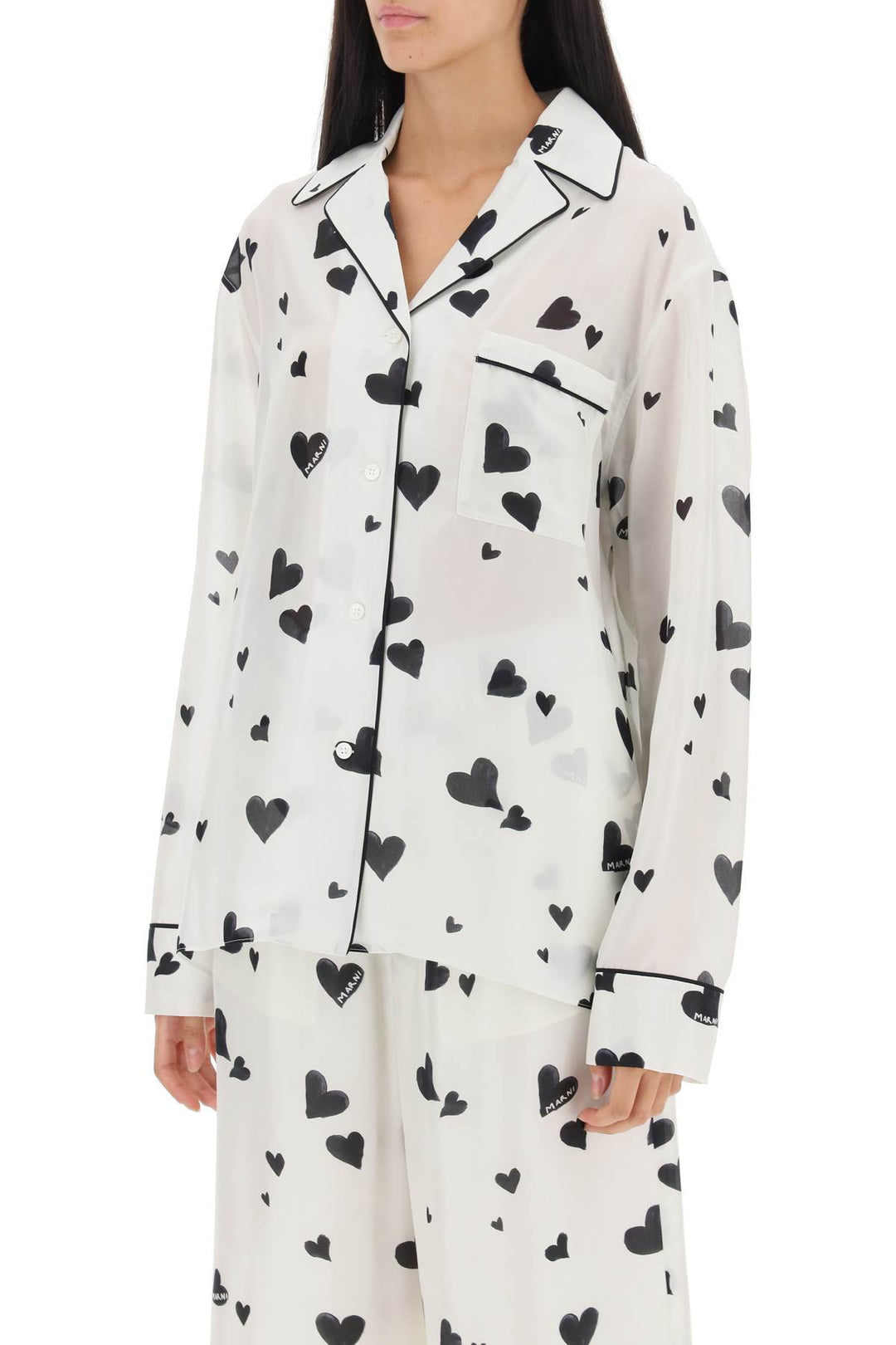 Bunch Of Hearts Print Silk Pajama Shirt - Marni - Women