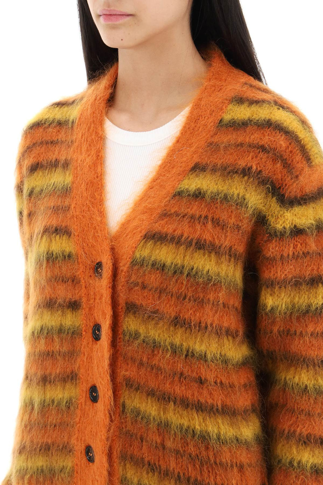 Cardigan In Striped Brushed Mohair - Marni - Women