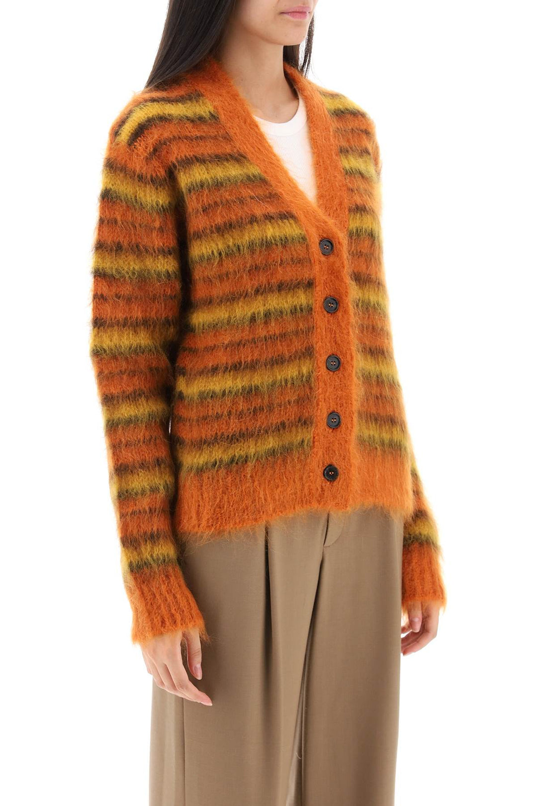 Cardigan In Striped Brushed Mohair - Marni - Women