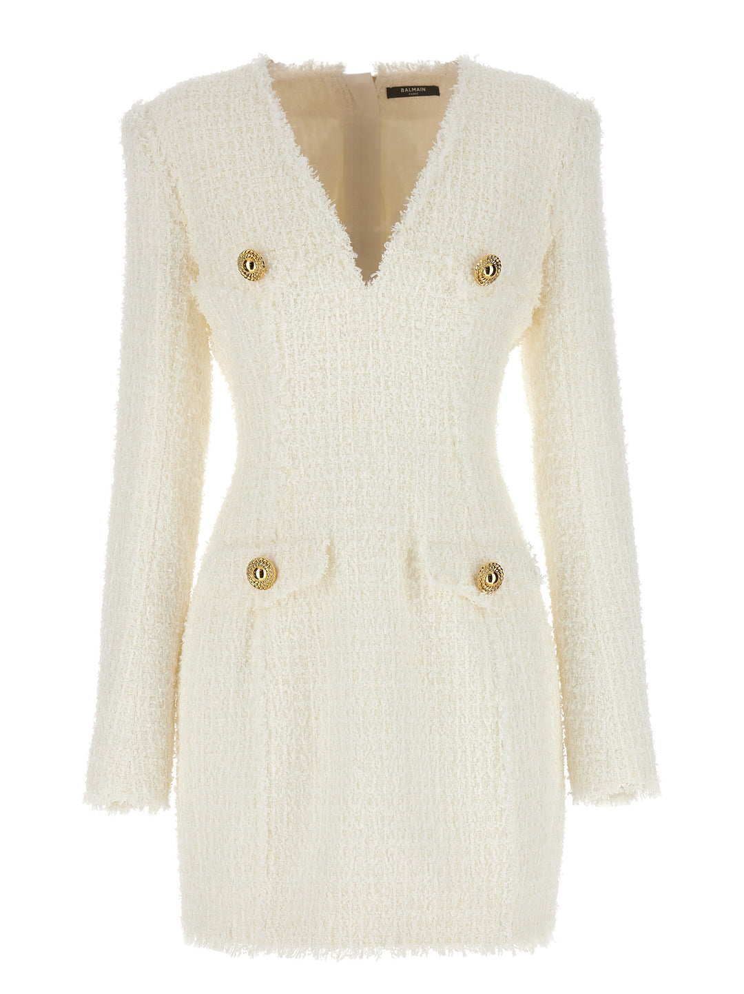 Logo Button Tweed Dress Dresses White