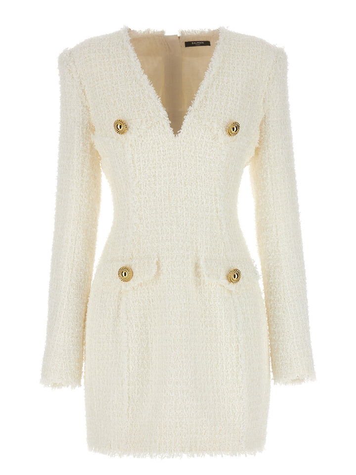 Logo Button Tweed Dress Dresses White