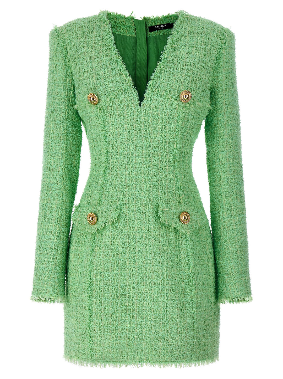 Logo Button Tweed Dress Dresses Green