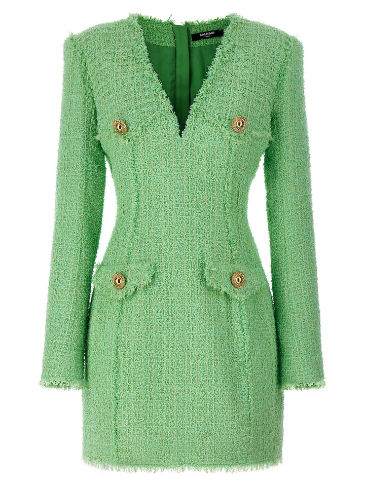 Logo Button Tweed Dress Dresses Green