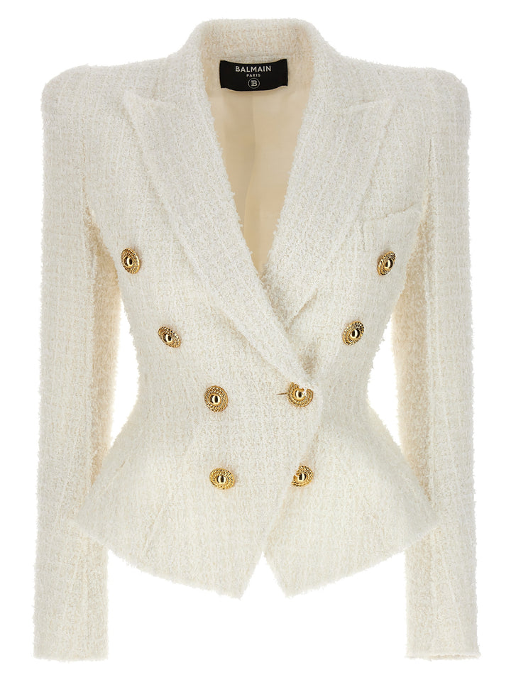 Double-Breasted Tweed Blazer With Logo Buttons Blazer And Suits White