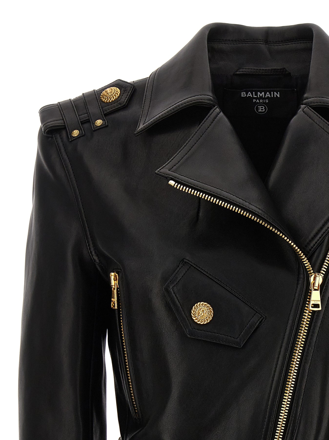 Shop Balmain Cropped Leather Nail Casual Jackets, Parka Black