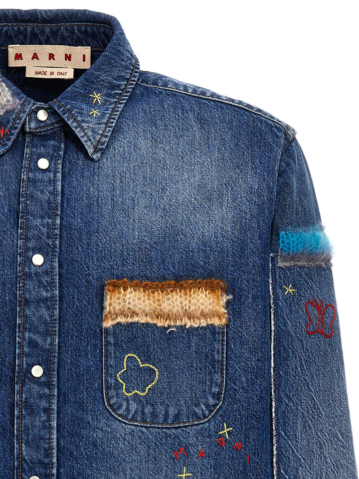 Denim Shirt, Embroidery And Patches Shirt, Blouse Blue