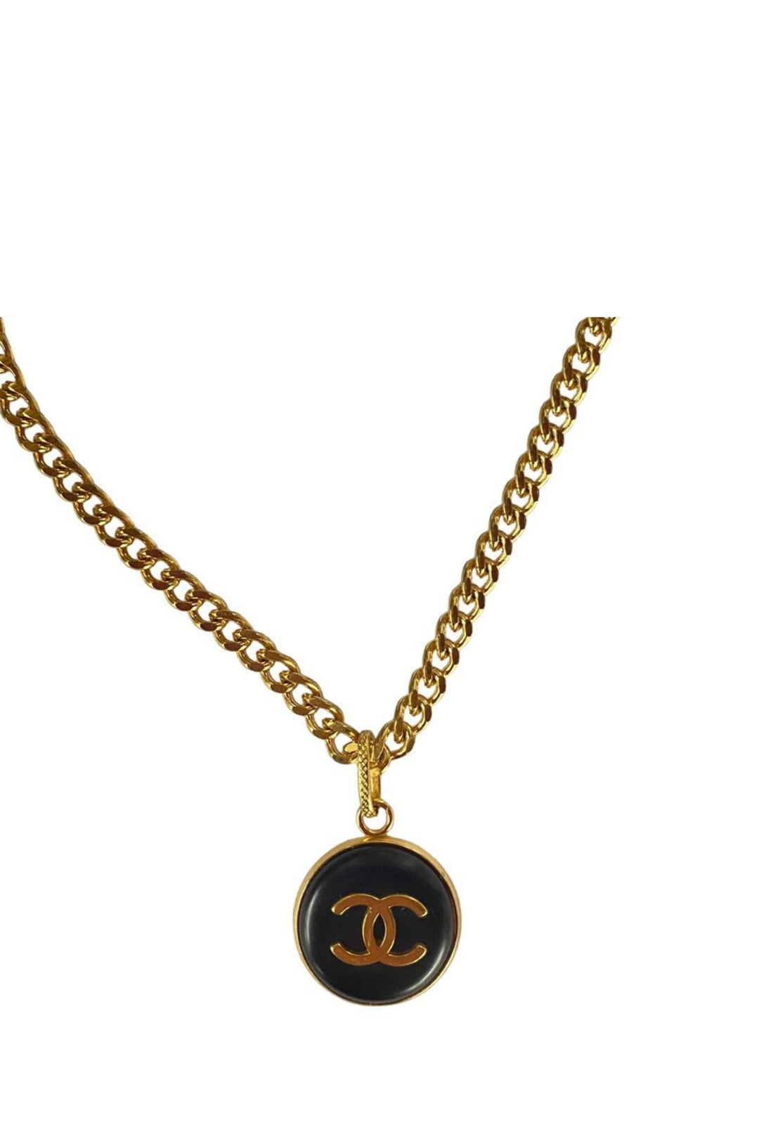 Chanel Gold Necklace with Black Pendant with Logo