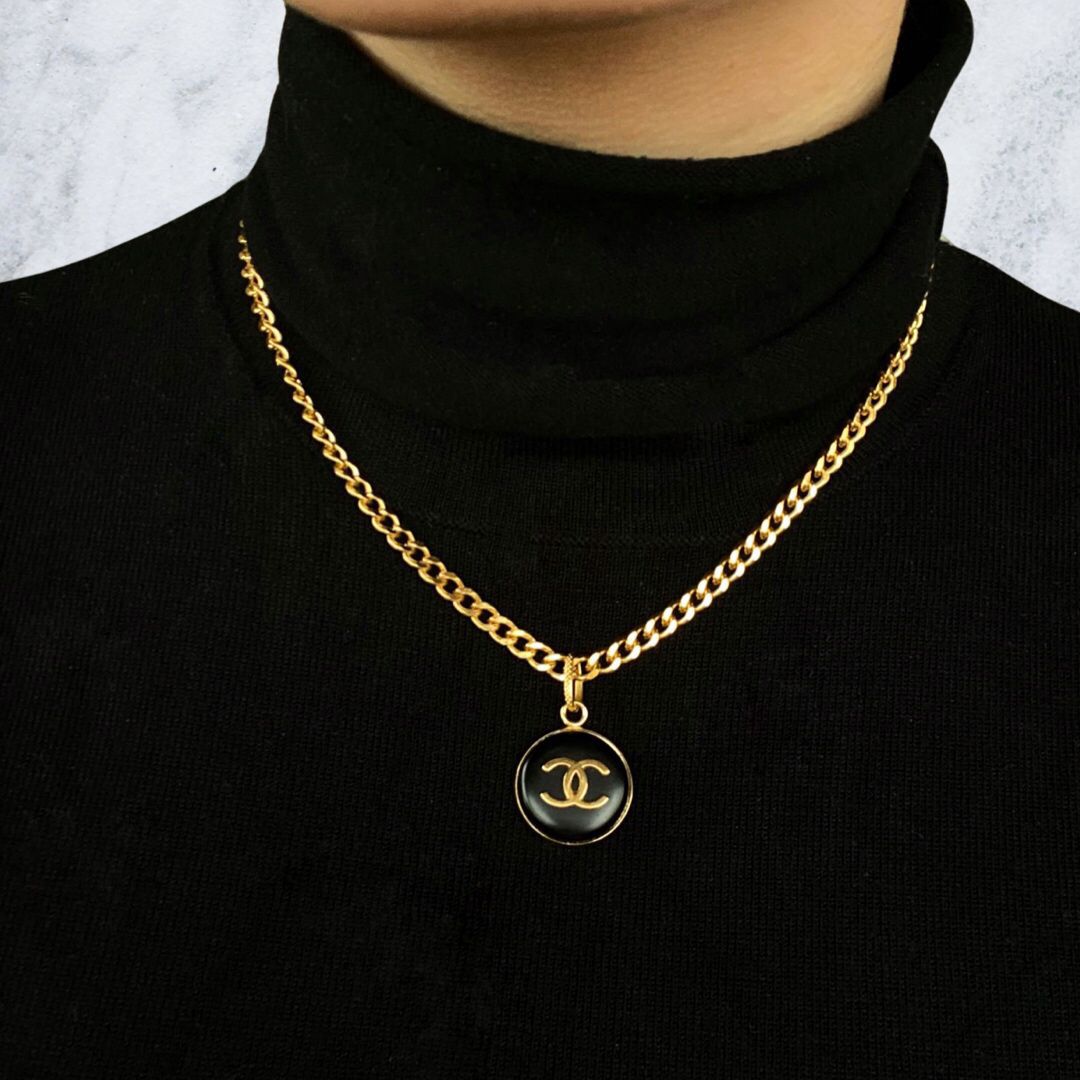 Chanel Gold Necklace with Black Pendant with Logo