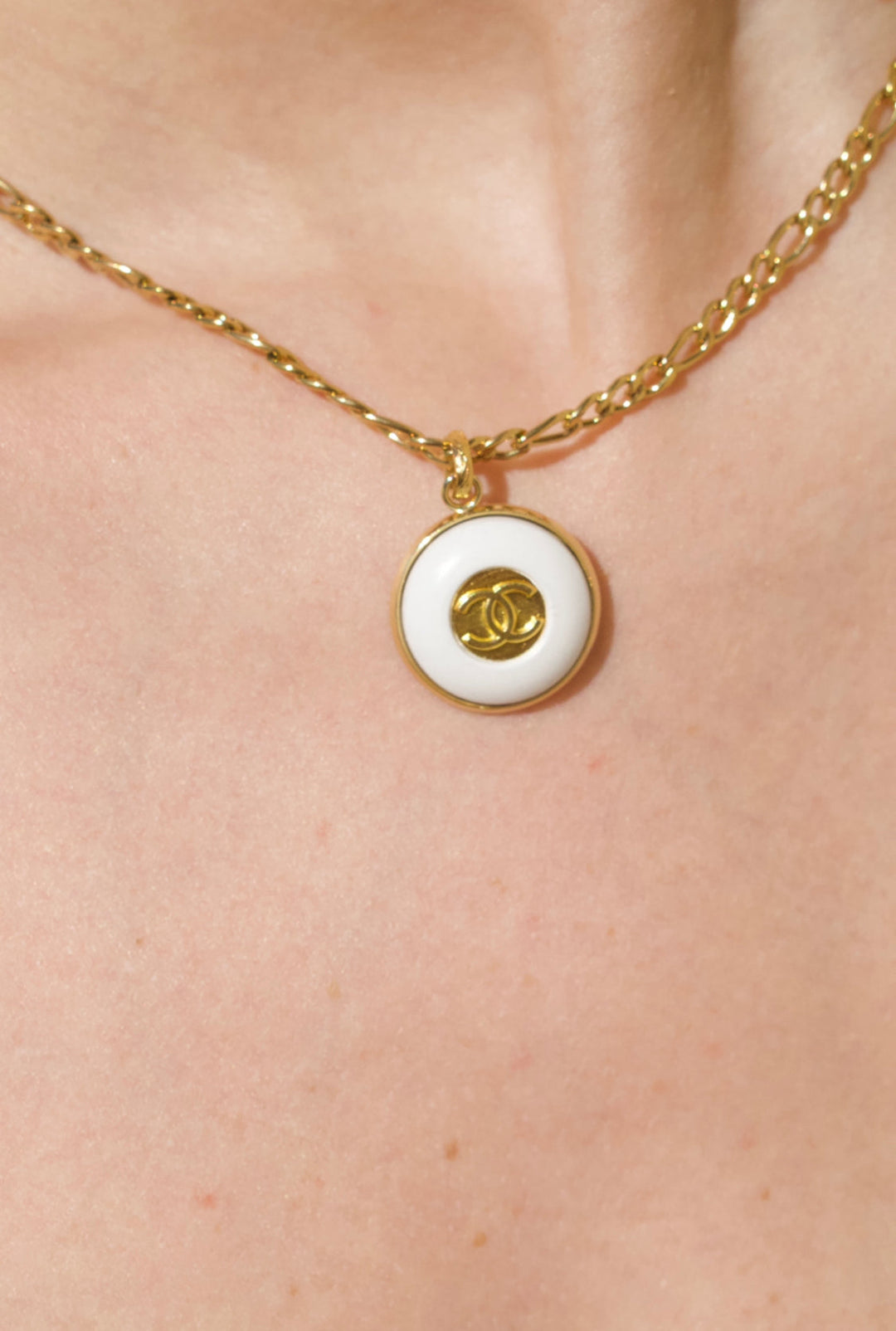 Chanel Gold White Button Necklace with Logo