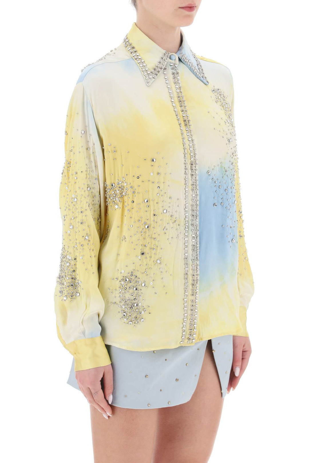 Silk Satin Shirt With Tie Dye Effect And Appliques - Des Phemmes - Women