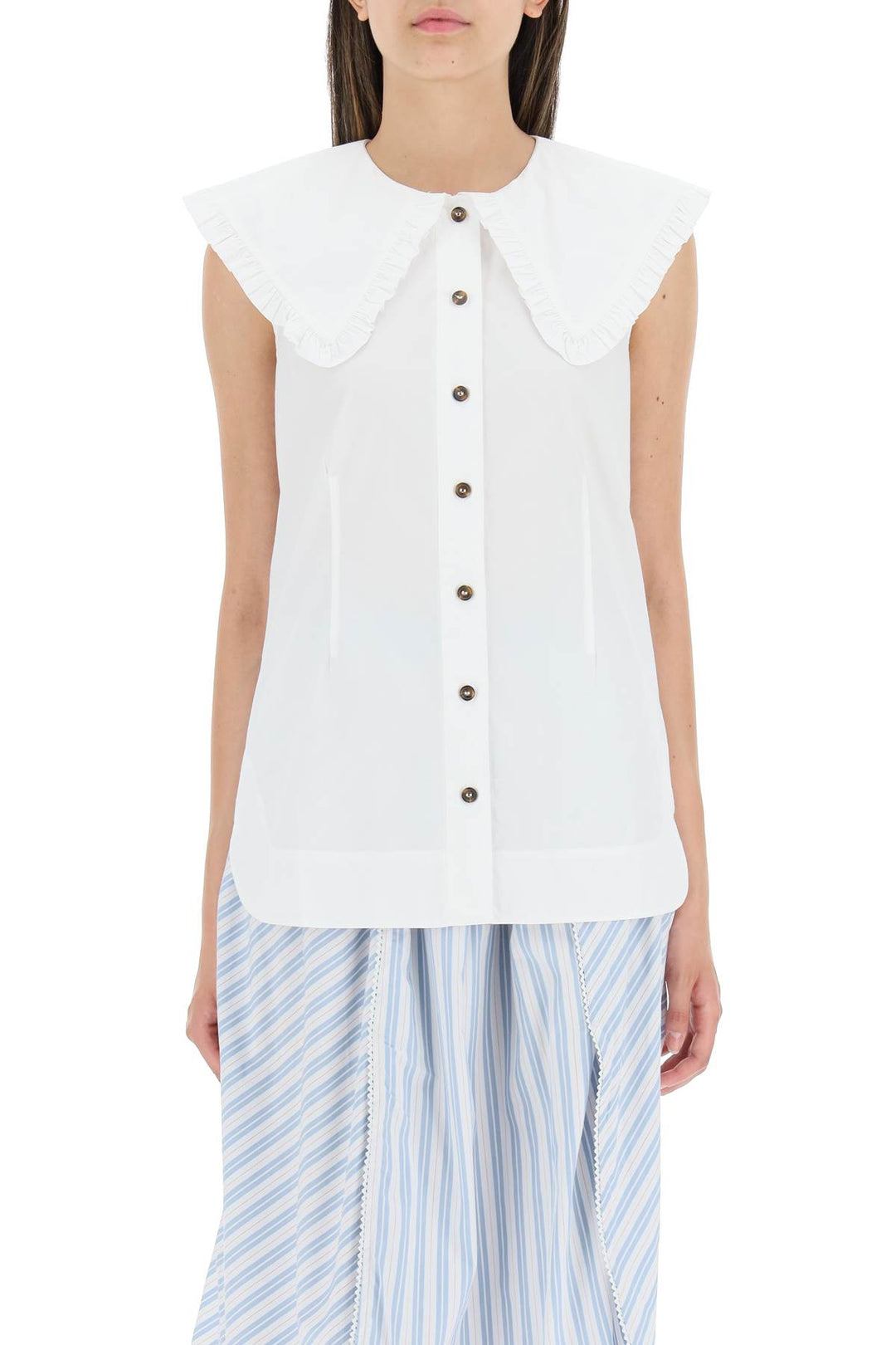 Cotton Sleeveless Shirt With Oversized Collar - Ganni - Women