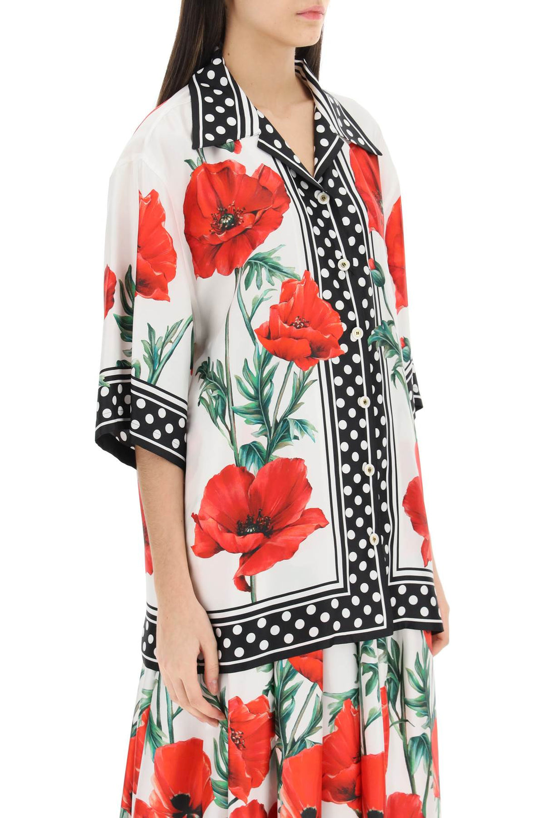 Short Sleeved Silk Shirt With Poppy And Polka Dot Print - Dolce & Gabbana - Women