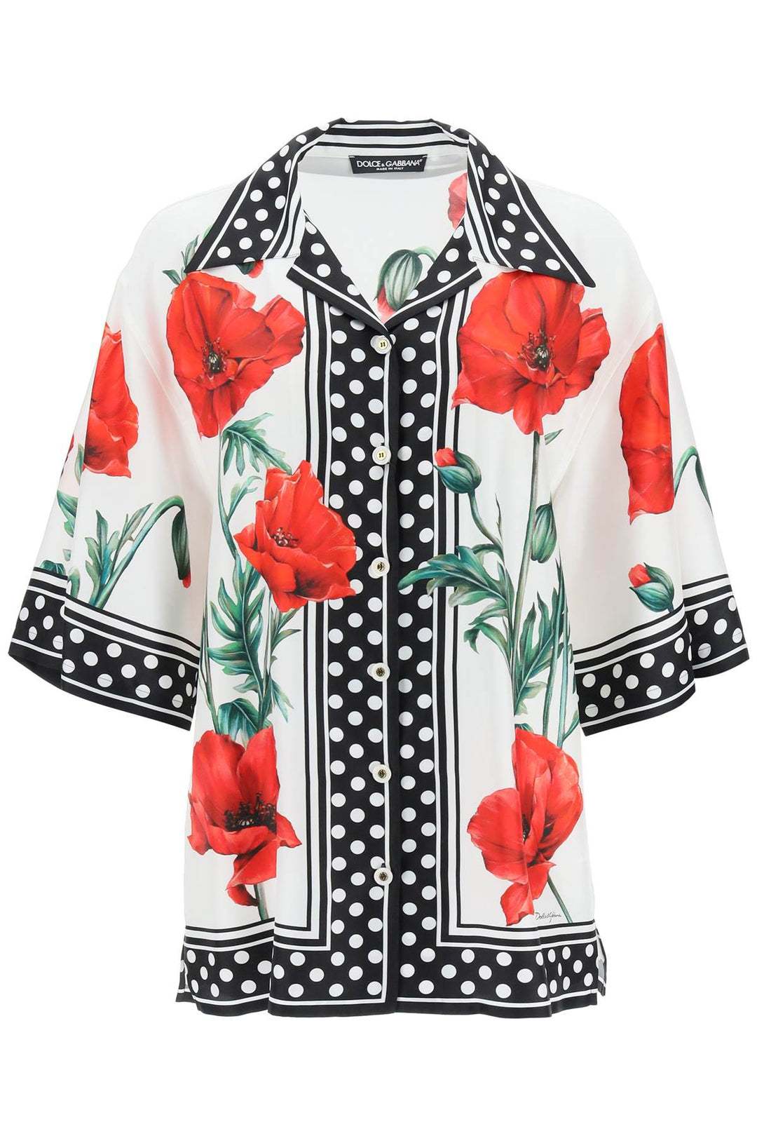 Short Sleeved Silk Shirt With Poppy And Polka Dot Print - Dolce & Gabbana - Women