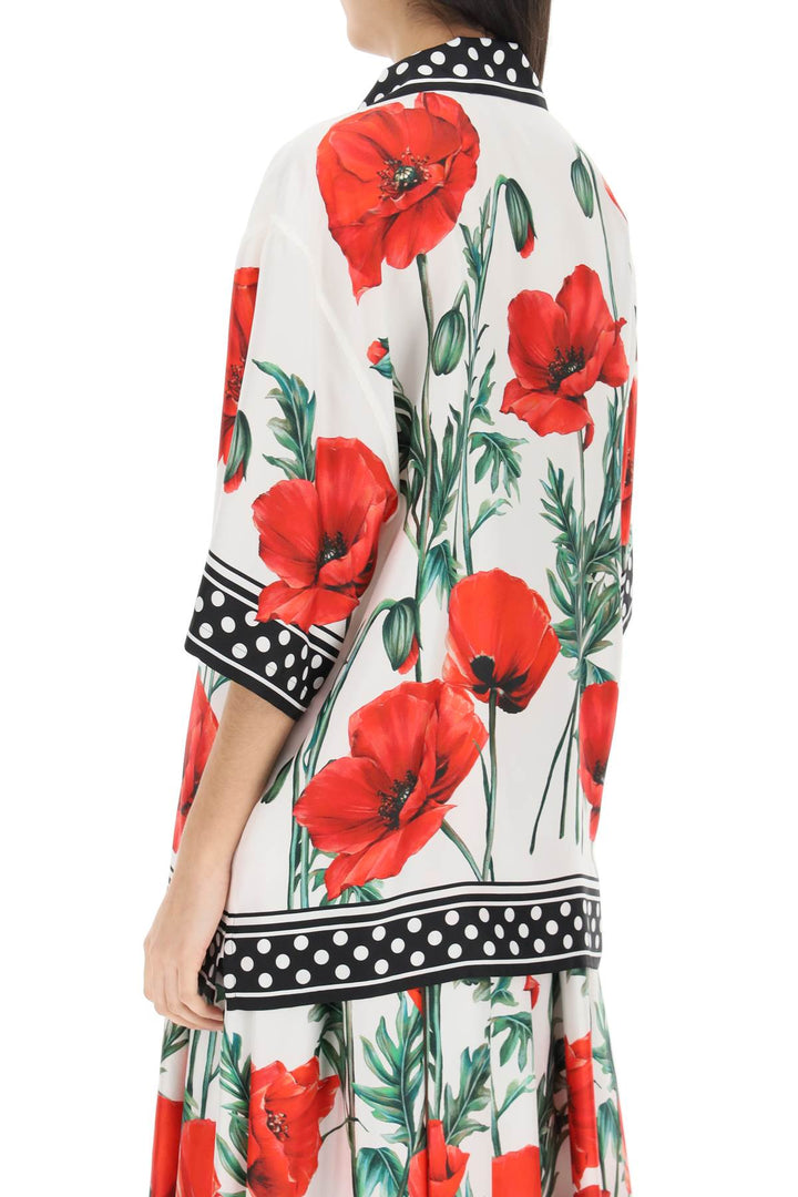 Short Sleeved Silk Shirt With Poppy And Polka Dot Print - Dolce & Gabbana - Women