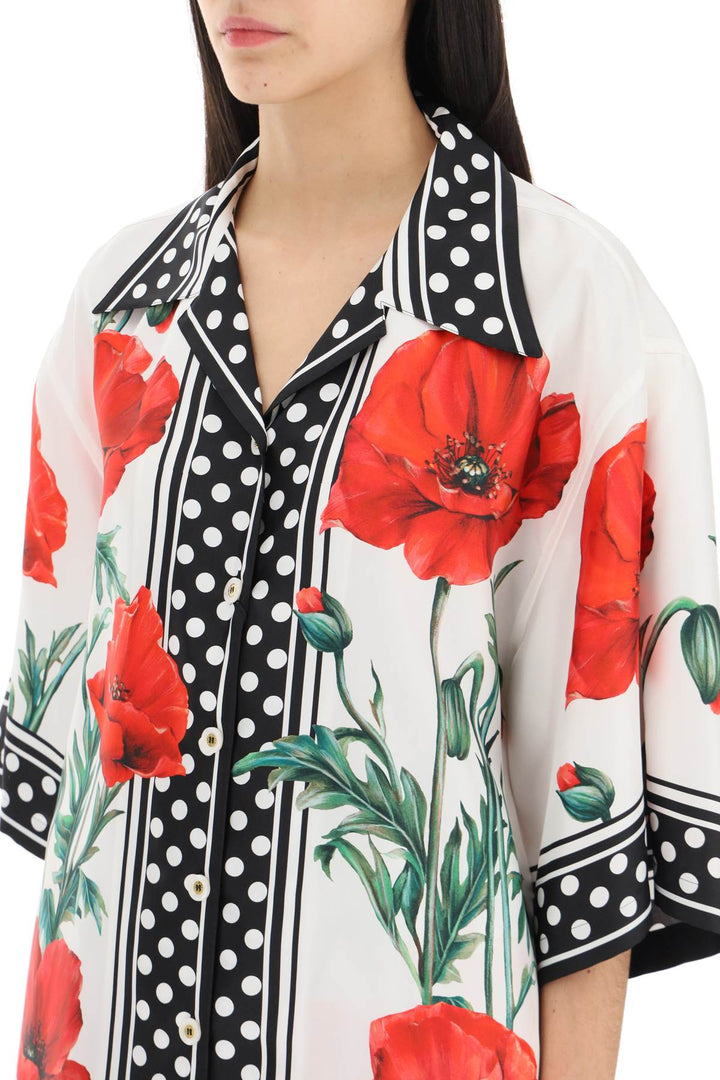 Short Sleeved Silk Shirt With Poppy And Polka Dot Print - Dolce & Gabbana - Women