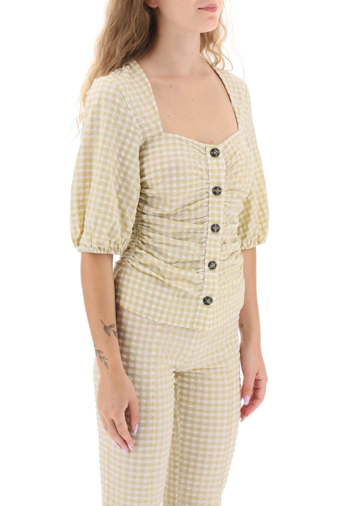 Gathered Blouse With Gingham Motif - Ganni - Women