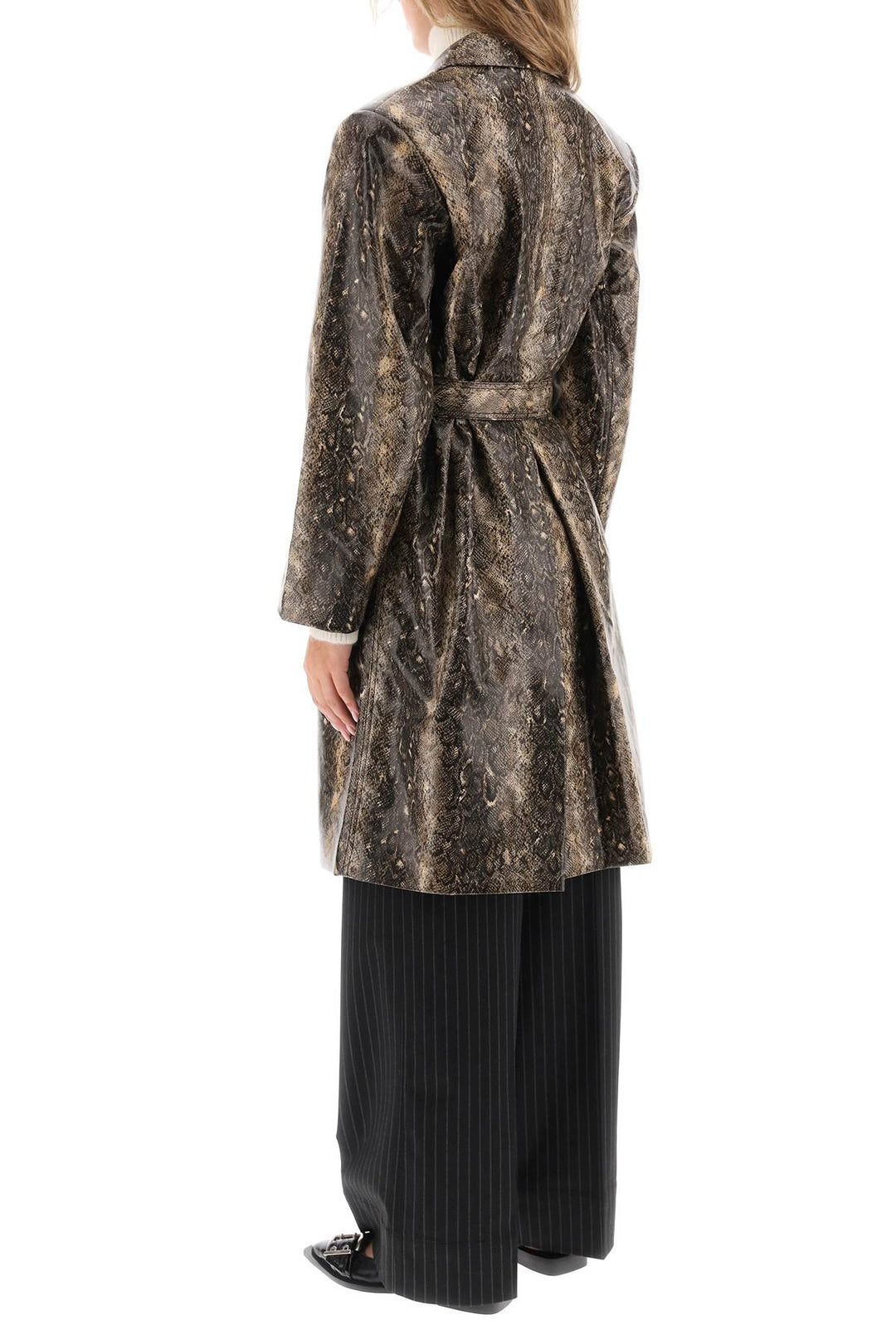 Snake Effect Faux Leather Trench Coat - Ganni - Women