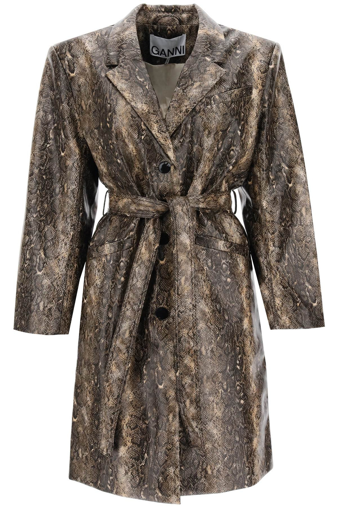 Snake Effect Faux Leather Trench Coat - Ganni - Women