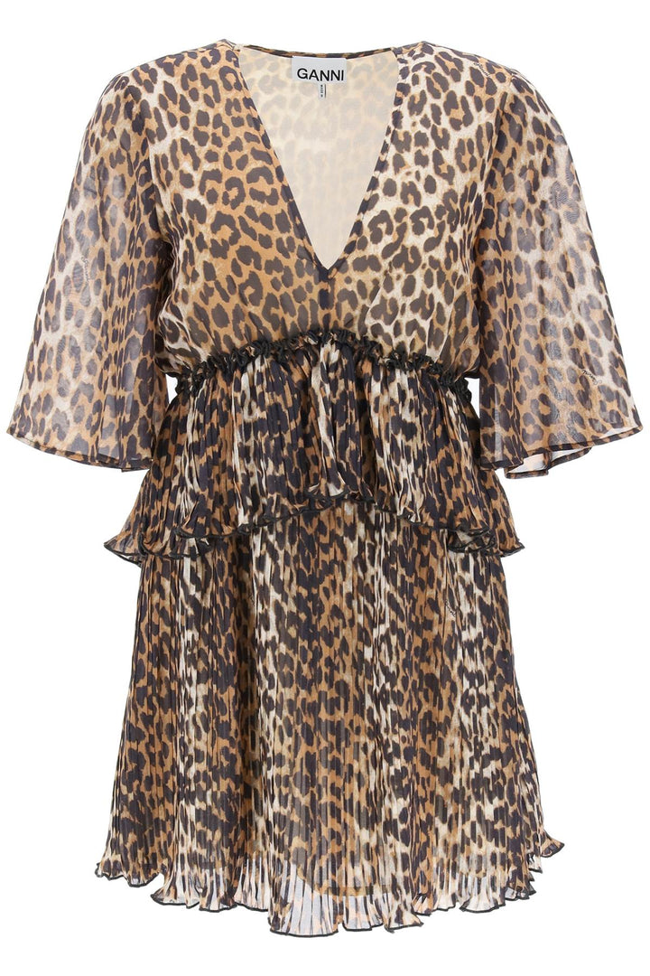 Pleated Mini Dress With Leopard Motif - Ganni - Women