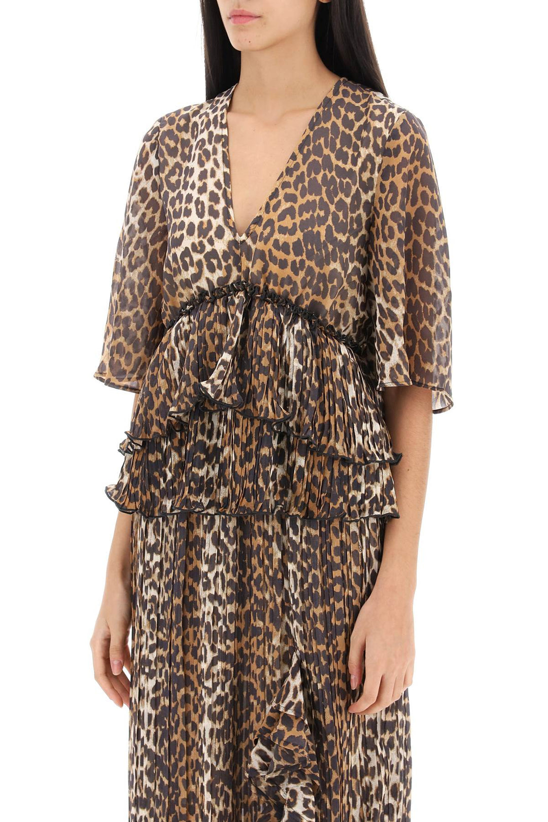 Pleated Blouse With Leopard Motif - Ganni - Women