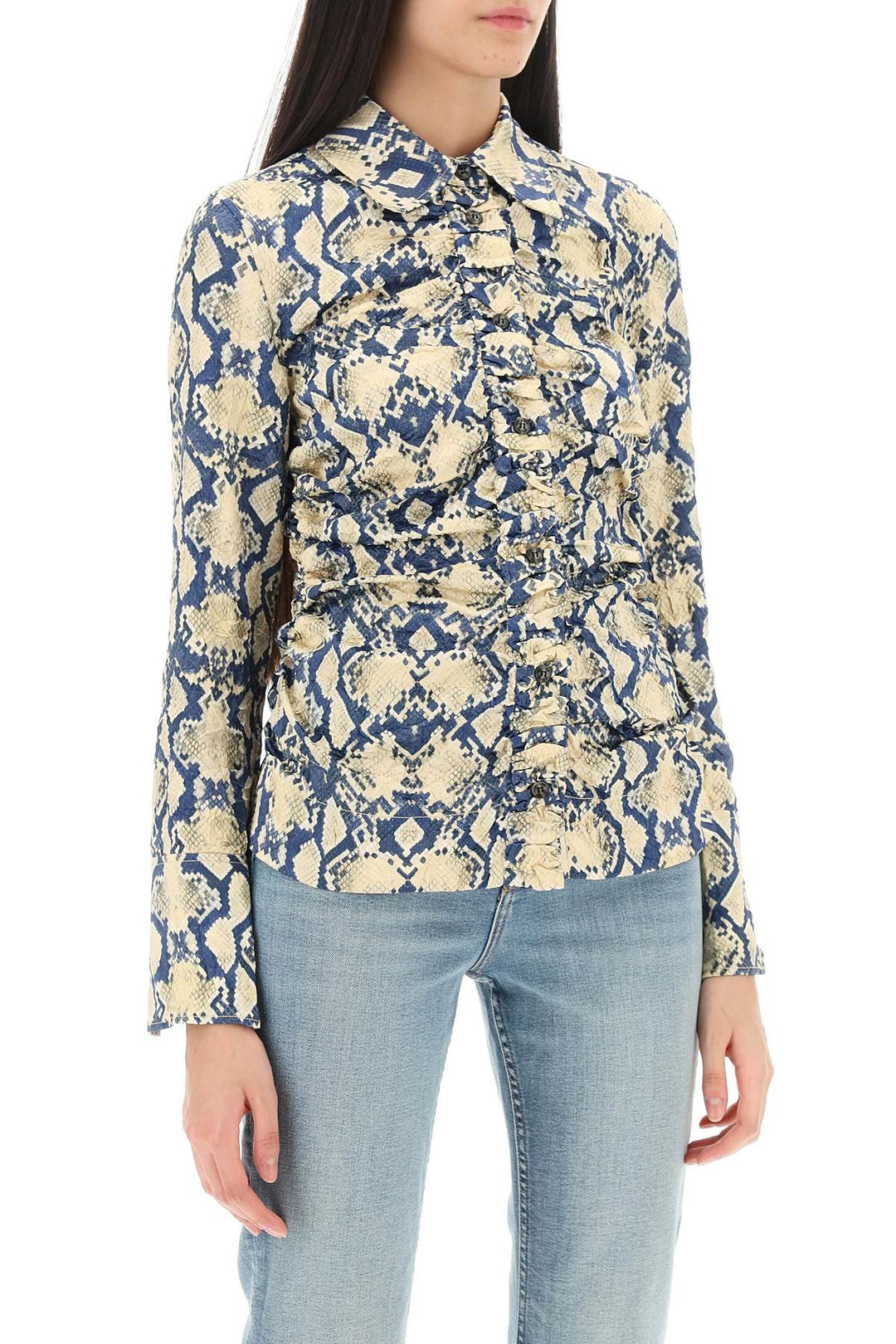 Crinkled Satin Shirt With Snake Print - Ganni - Women