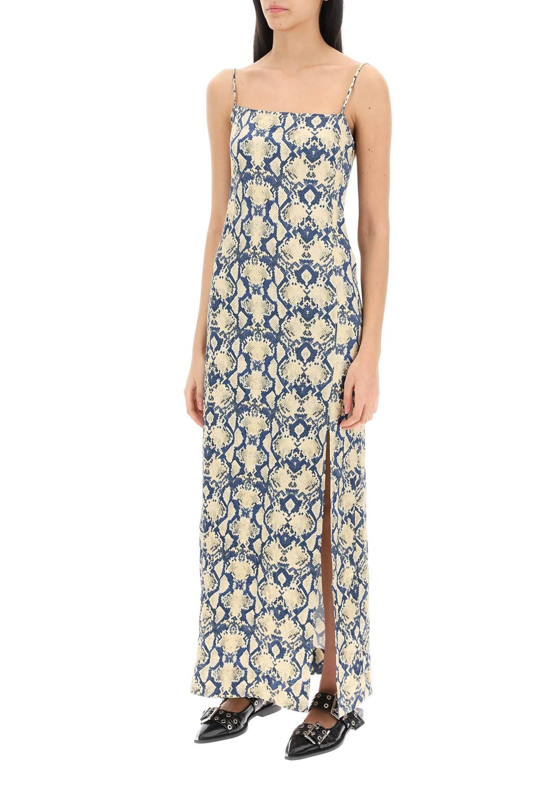 Slip Dress In Snake Printed Crinkled Satin - Ganni - Women