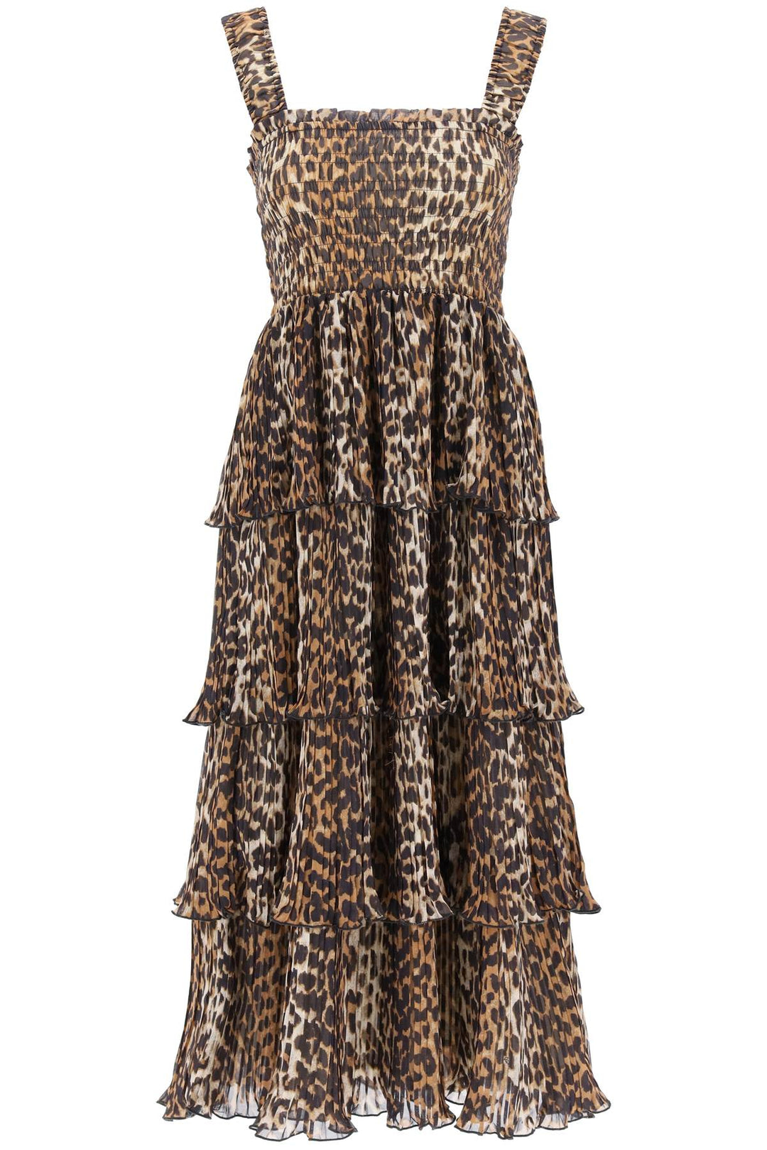 Pleated Long Dress With Leopard Motif - Ganni - Women