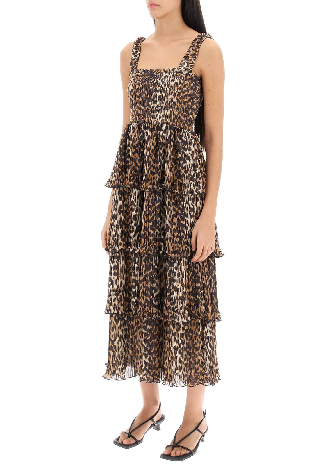 Pleated Long Dress With Leopard Motif - Ganni - Women