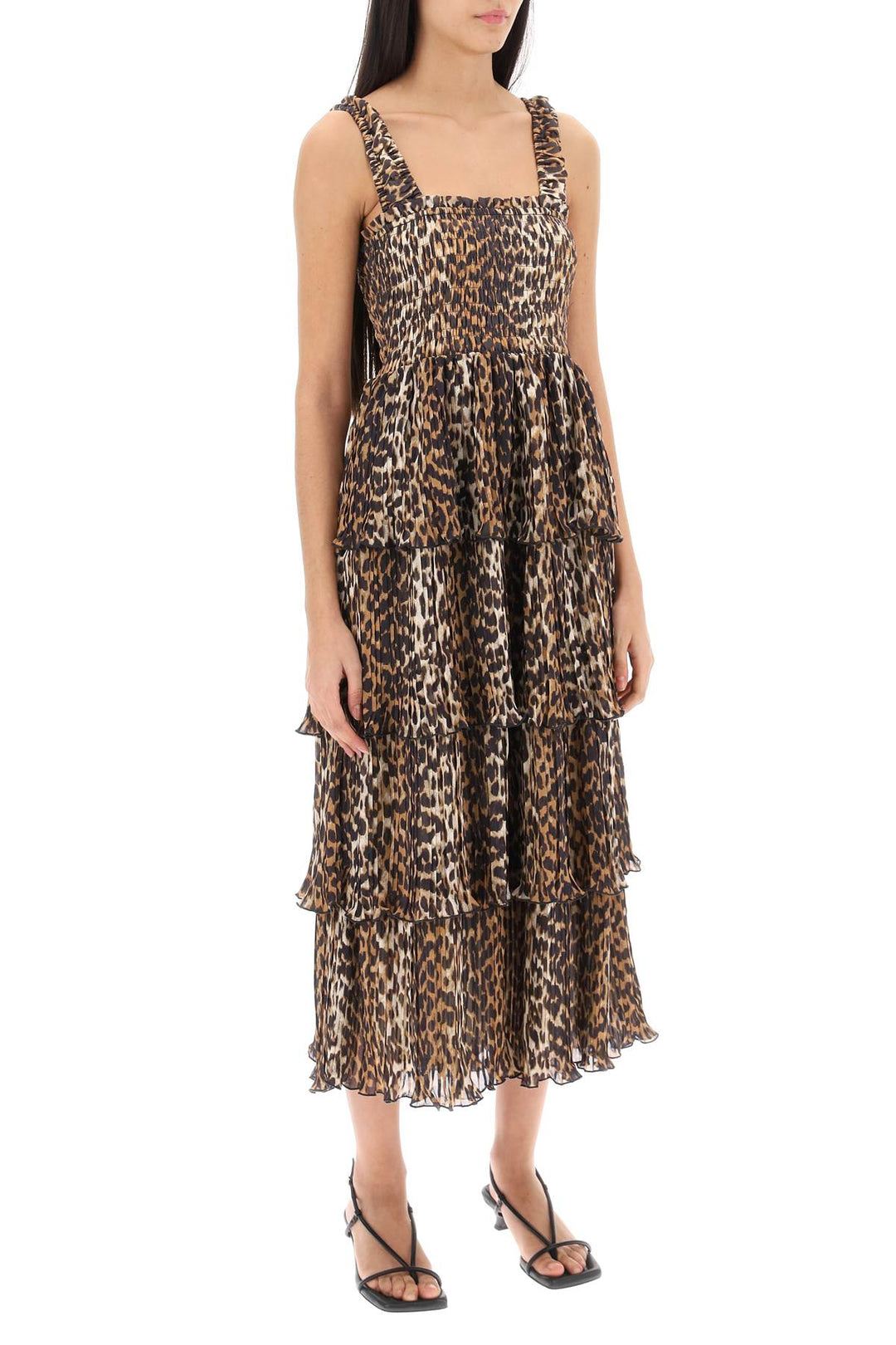 Pleated Long Dress With Leopard Motif - Ganni - Women