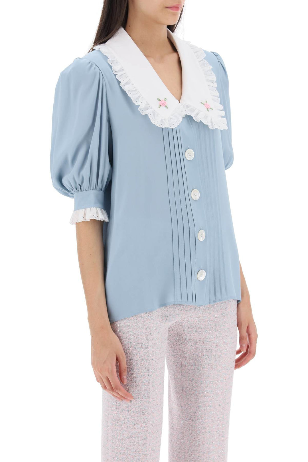 Short Sleeved Shirt With Embroidered Collar - Alessandra Rich - Women