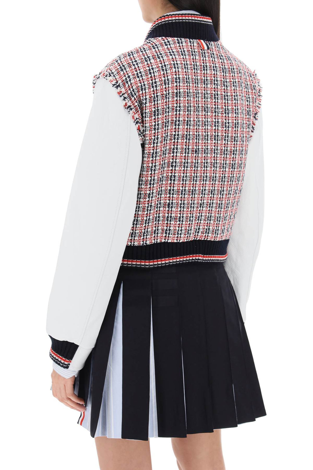 Tweed Bomber Jacket With Leather Sleeves - Thom Browne - Women