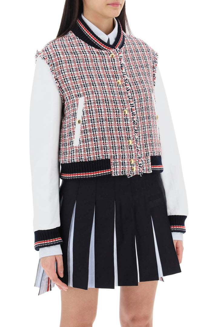 Tweed Bomber Jacket With Leather Sleeves - Thom Browne - Women