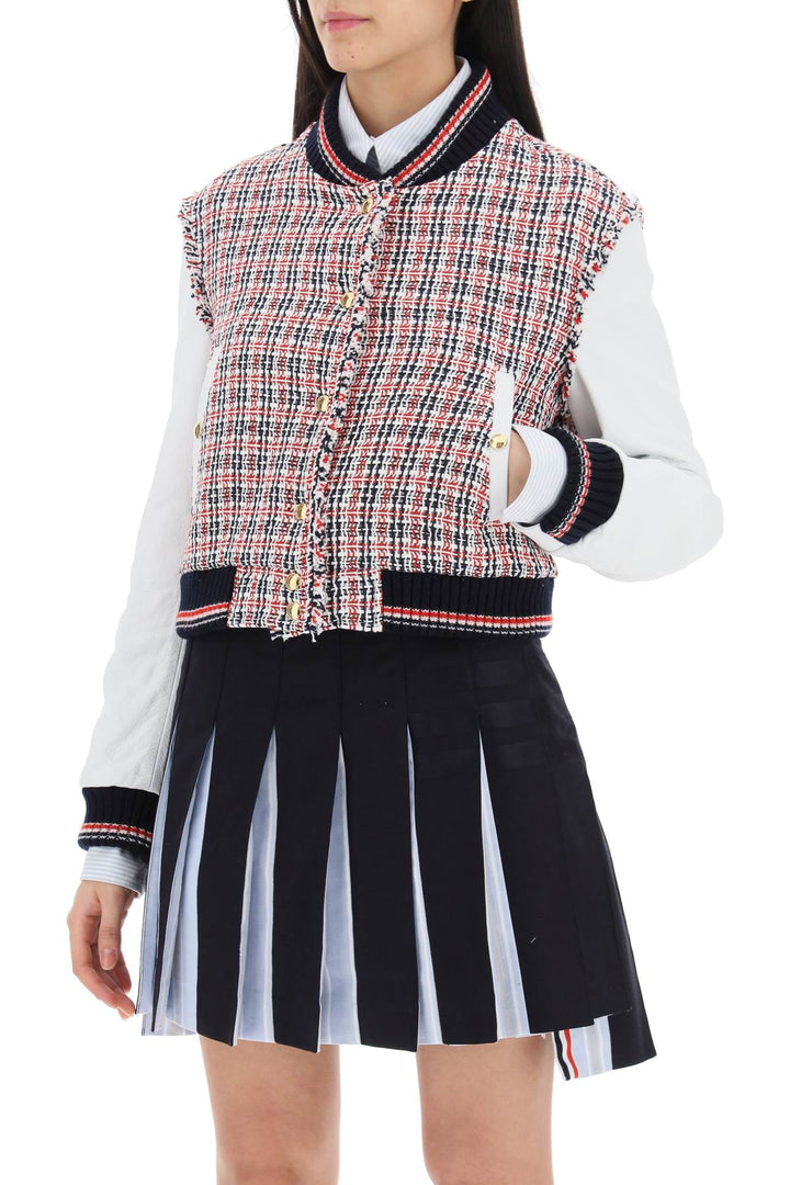 Tweed Bomber Jacket With Leather Sleeves - Thom Browne - Women