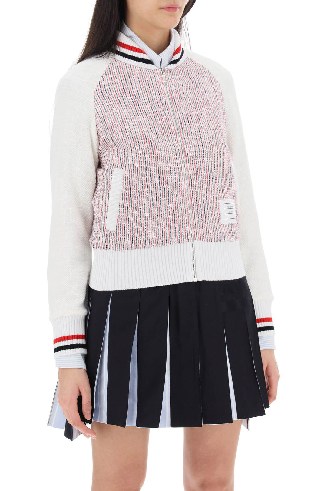 Zip Up Cardigan In Striped Tweed - Thom Browne - Women