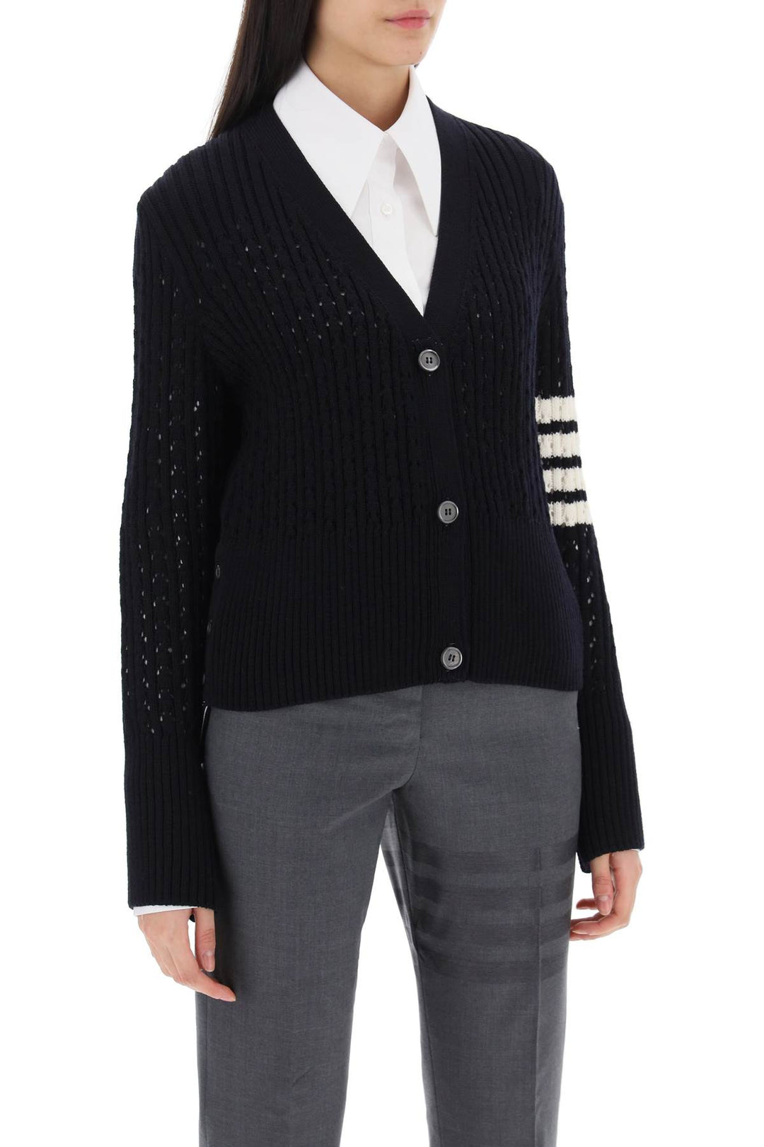 Pointelle Stitch Merino Wool 4 Bar Cardigan - Thom Browne - Women