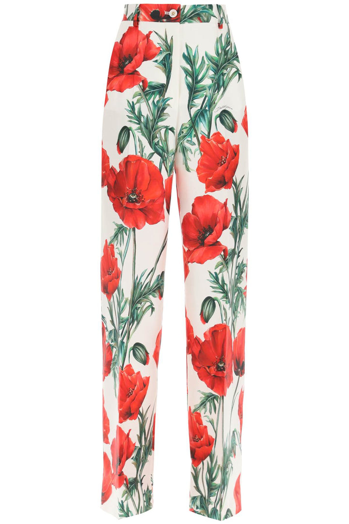 Wide Leg Poppy Print Shantung Trousers - Dolce & Gabbana - Women