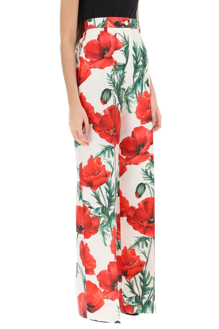 Wide Leg Poppy Print Shantung Trousers - Dolce & Gabbana - Women