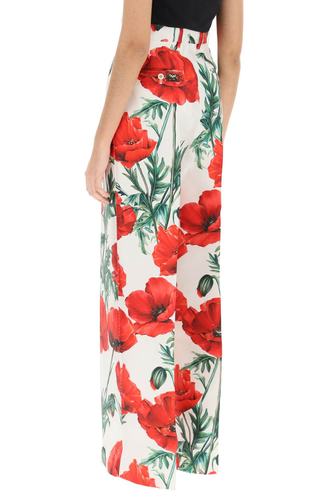 Wide Leg Poppy Print Shantung Trousers - Dolce & Gabbana - Women