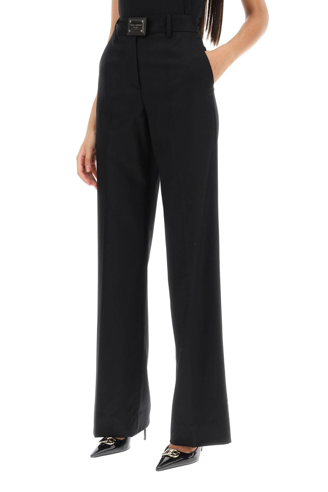 Flannel Trousers With Logo Tag - Dolce & Gabbana - Women