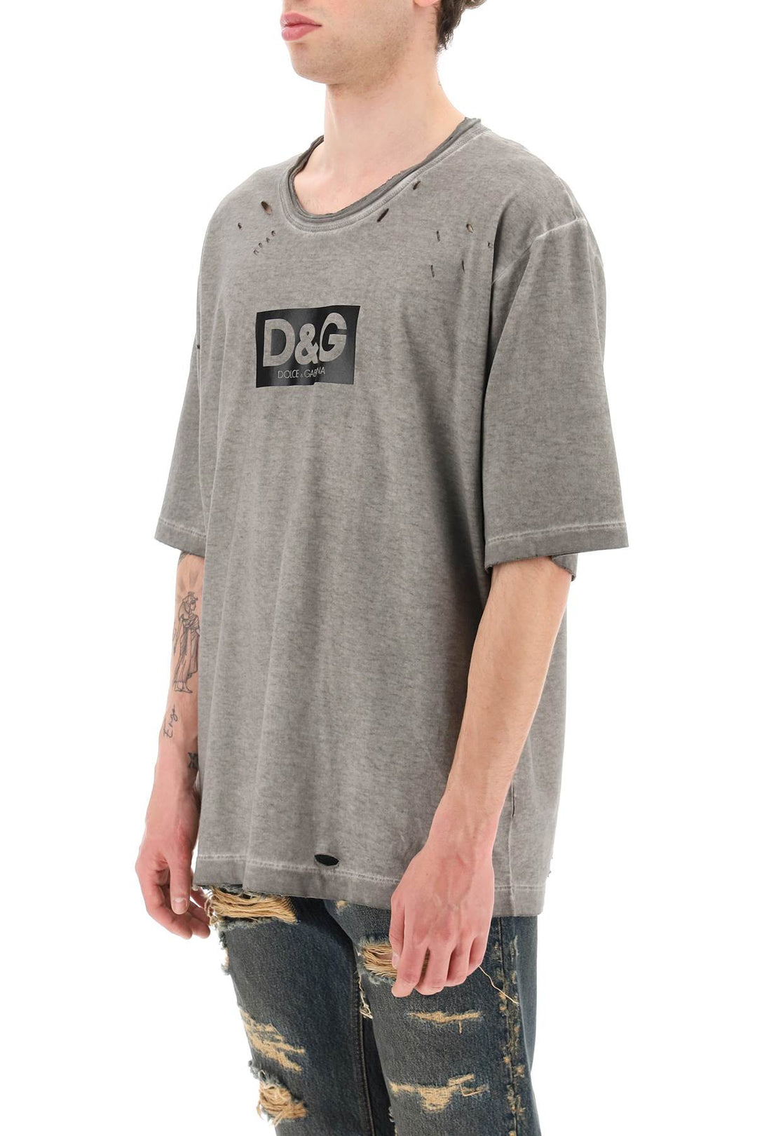 Washed Cotton T Shirt With Destroyed Detailing - Dolce & Gabbana - Men