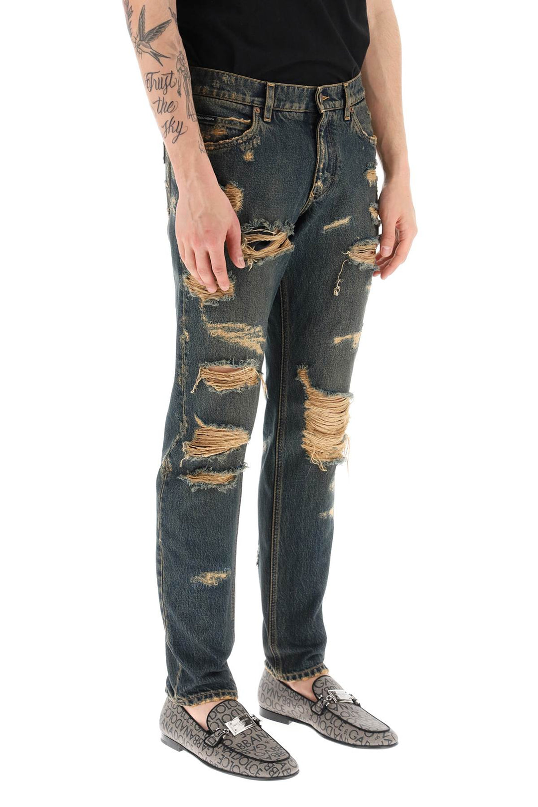 Regular Fit Jeans In Destroyed Overdyed Denim - Dolce & Gabbana - Men