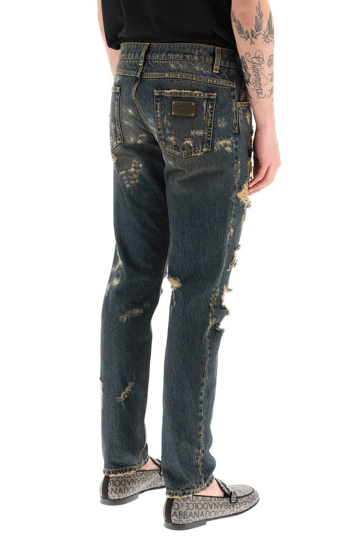 Regular Fit Jeans In Destroyed Overdyed Denim - Dolce & Gabbana - Men