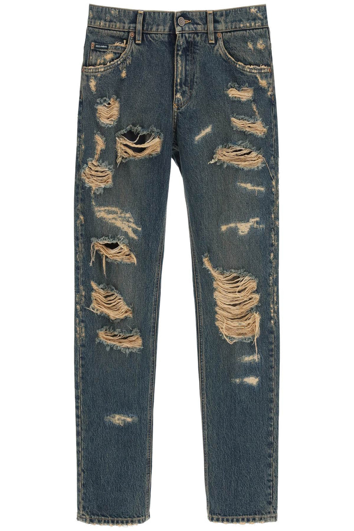 Regular Fit Jeans In Destroyed Overdyed Denim - Dolce & Gabbana - Men