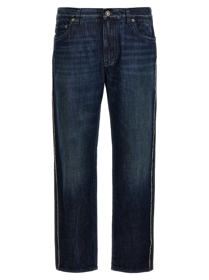 Fringed Stitching Jeans Blue