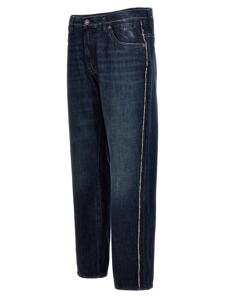 Fringed Stitching Jeans Blue