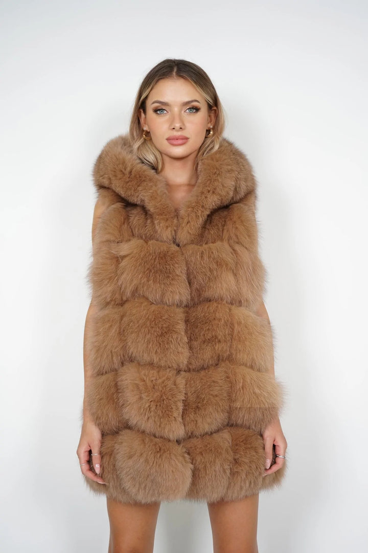 Poppy Camel Vest in Fox Fur