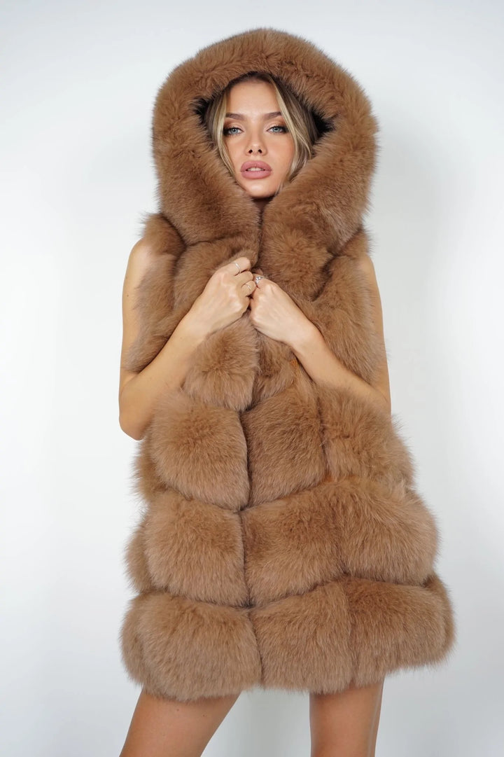 Poppy Camel Vest in Fox Fur