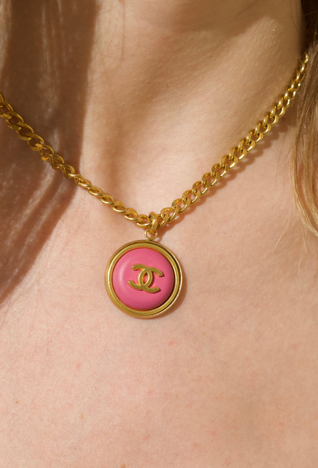 Gold Necklace with Pink Chanel Button