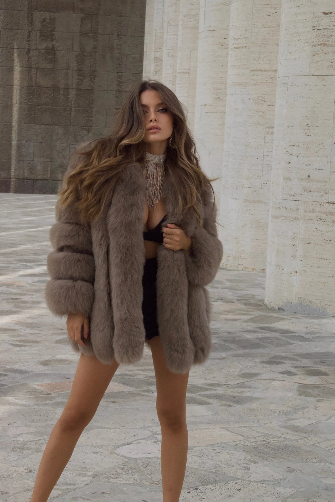 Paris Light Grey Jacket in Fox Fur