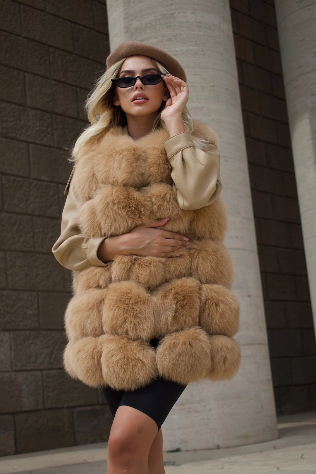 Classy Camel Vest in Fox Fur